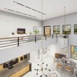 Przestronny, minimalistyczny salon z wyjściem na balkon i widokiem