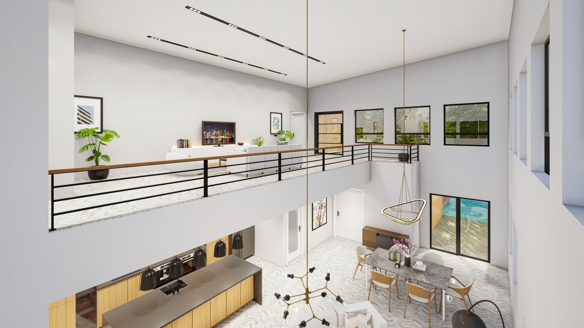 Przestronny, minimalistyczny salon z wyjściem na balkon i widokiem